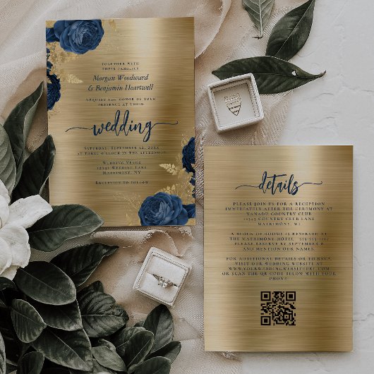 Marineblauwe Bloemige Gouden Metallic QR Code Trou Kaart
