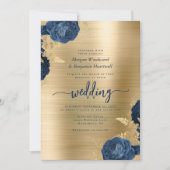 Marineblauwe Bloemige Gouden Metallic QR Code Trou Kaart (Voorkant)