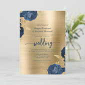Marineblauwe Bloemige Gouden Metallic QR Code Trou Kaart (Staand voorkant)