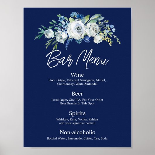 Marineblauwe bloemige moderne winter bruiloft bar poster (Voorkant)
