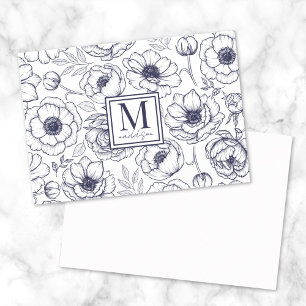 Marineblauwe bloemige monogram notitiekaartje