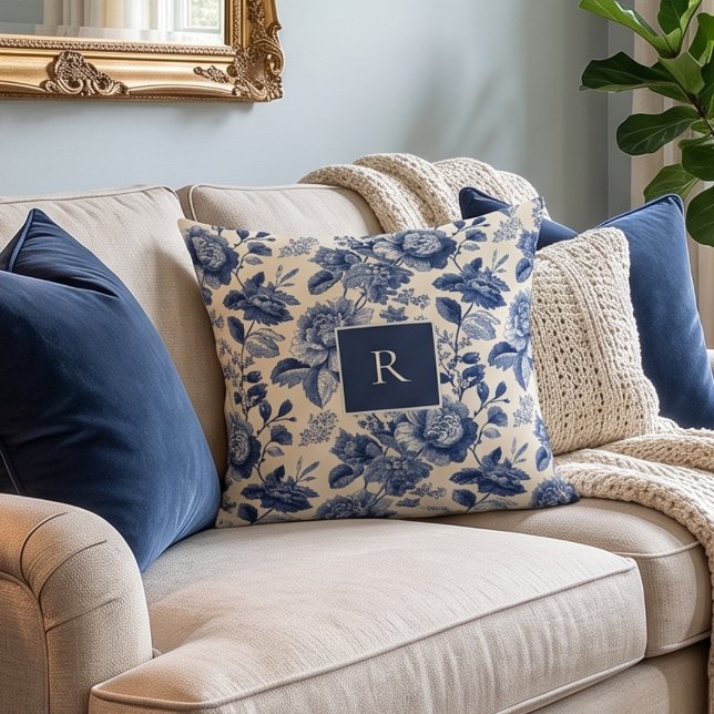 Marineblauwe bloemige vintage monogram  kussen (Creator heeft geüpload)