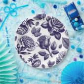 Marineblauwe Bloemige Vintage Papieren Bordje (Feest)