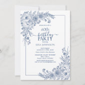 marineblauwe bloemlijn art 60e verjaardag kaart (Voorkant)