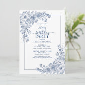 marineblauwe bloemlijn art 60e verjaardag kaart (Staand voorkant)