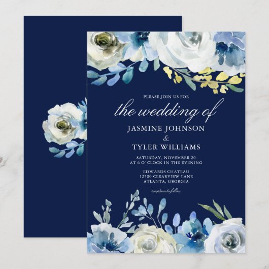 Marineblauwe Bloemrijke Elegante Winterhuwelijk Kaart (Voorkant / Achterkant)