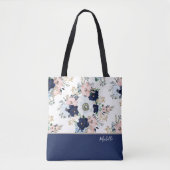 Marineblauwe bloemrozen met naam tote bag (Voorkant)