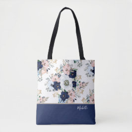 Marineblauwe bloemrozen met naam tote bag