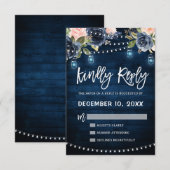 Marineblauwe blozende bloem rustieke slinger licht RSVP kaartje (Voorkant / Achterkant)