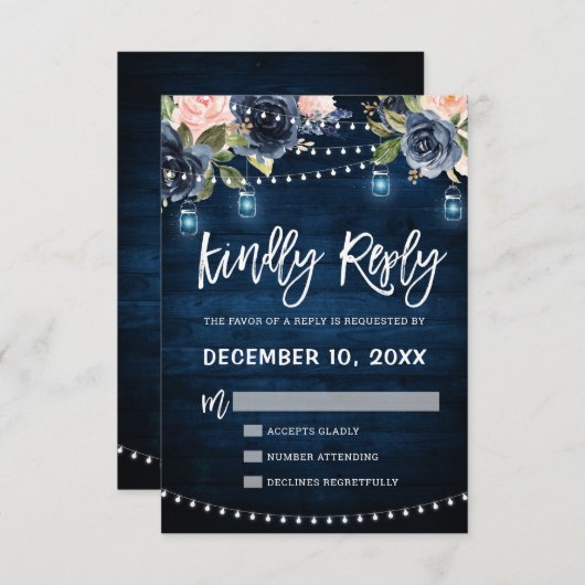 Marineblauwe blozende bloem rustieke slinger licht RSVP kaartje (Voorkant / Achterkant)