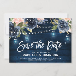 Marineblauwe blozende bloemenslinger Licht Save th The Date