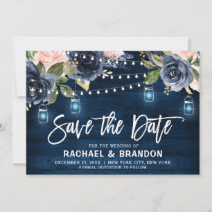 Marineblauwe blozende bloemenslinger Licht Save th The Date