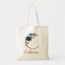 Marineblauwe Blush Bloem Gouden Letter C