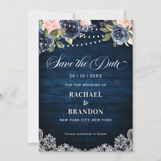 Marineblauwe Blush Bloemenslinger Licht Save the D Date (Voorkant)