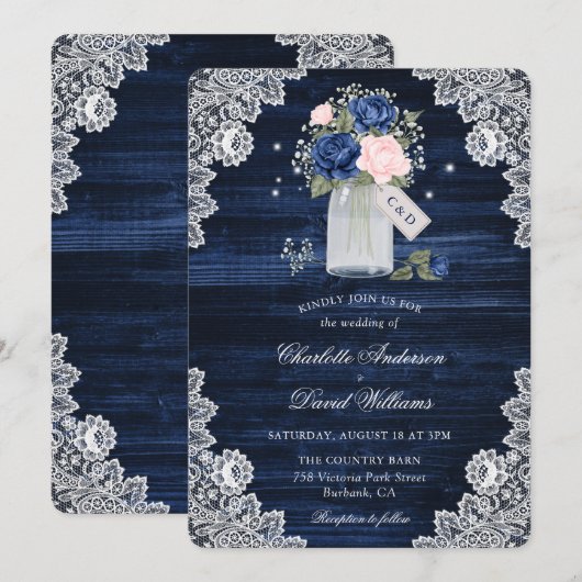 Marineblauwe Blush Houten Metselaars Pot Bloemenhu Kaart (Voorkant / Achterkant)