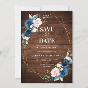 Marineblauwe Blush Landelijke Houten Gouden Geomet Save The Date