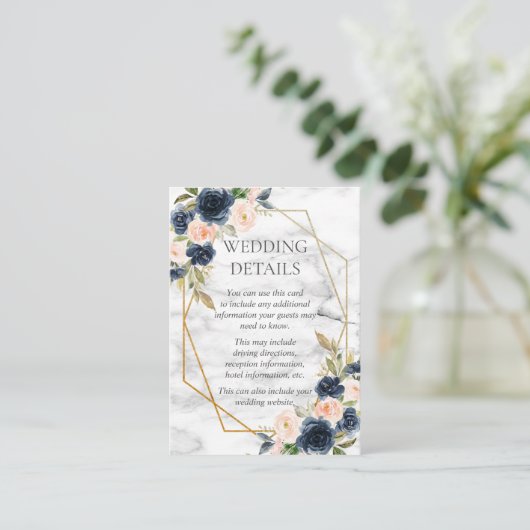 Marineblauwe Blush Marmeren Geometrische Bloemdeta Informatiekaartje (Staand voorkant)