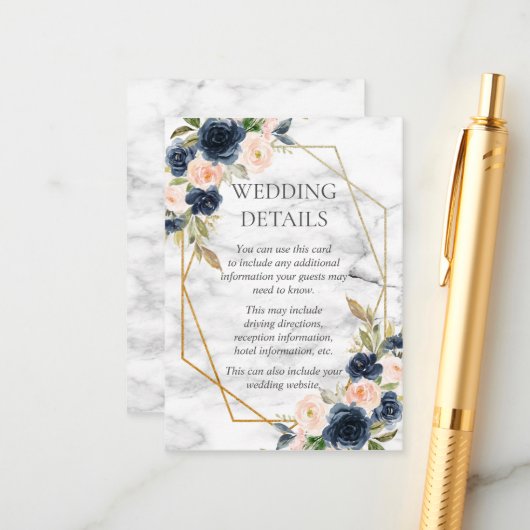 Marineblauwe Blush Marmeren Geometrische Bloemdeta Informatiekaartje (Voorkant / Achterkant in situ)