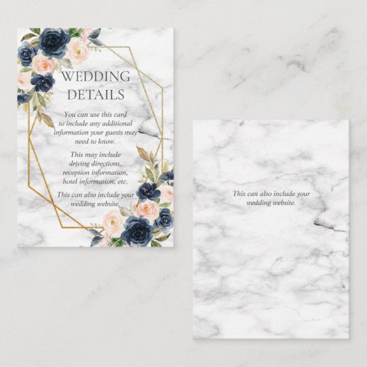 Marineblauwe Blush Marmeren Geometrische Bloemdeta Informatiekaartje (Voorkant / Achterkant)