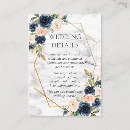 Marineblauwe Blush Marmeren Geometrische Bloemdeta Informatiekaartje (Voorkant)