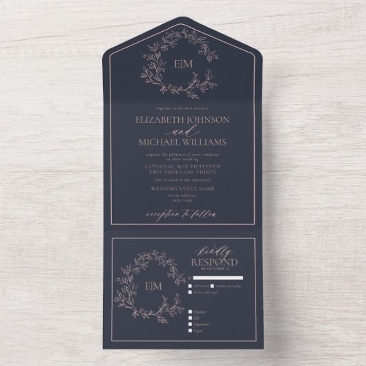 Marineblauwe Blush Roze Bladerige Wapenschild Mono All In One Uitnodiging (Binnen)