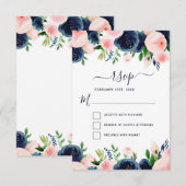Marineblauwe Blush Roze Bloemrijke Waterverf RSVP Kaart (Voorkant / Achterkant)