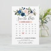 Marineblauwe Blush Roze Roos Bloemkalender Save The Date (Staand voorkant)