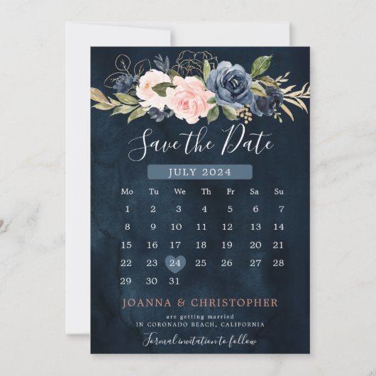 Marineblauwe Blush Roze Roos Boho Kalender Save The Date (Voorkant)