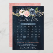 Marineblauwe Blush Roze Roos Boho Kalender Save The Date (Voorkant / Achterkant)