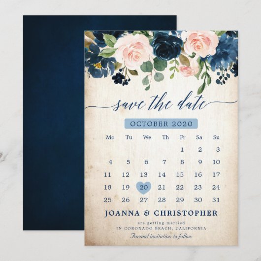 Marineblauwe Blush Roze Roos Botanische Save the D Date (Voorkant / Achterkant)