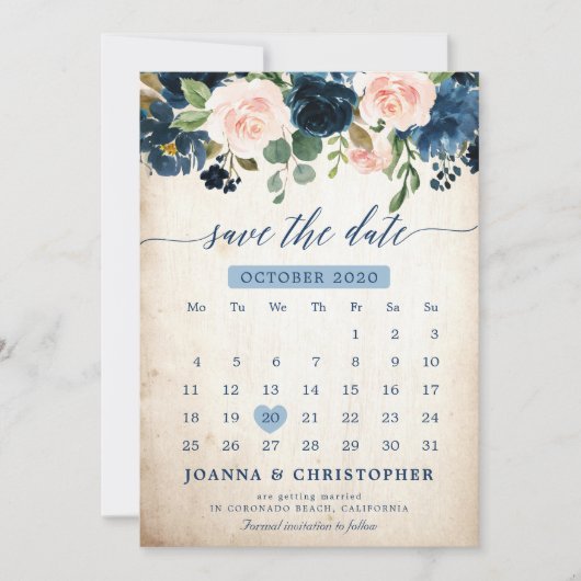 Marineblauwe Blush Roze Roos Botanische Save the D Save The Date (Voorkant)