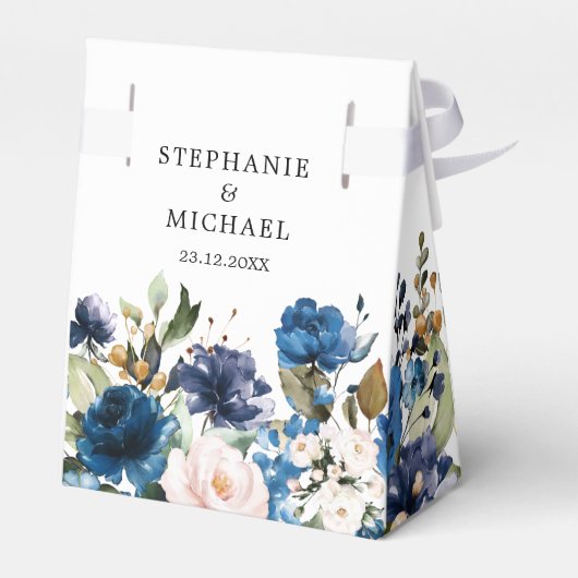 Marineblauwe Blush Roze Roos Botanische Trouw Bedankdoosjes (Achterkant)