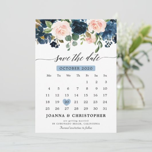 Marineblauwe Blush Roze Roze Botanische Bewaar de  Save The Date (Staand voorkant)
