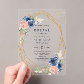 Marineblauwe Blush Roze Rozen Geometrische Bruids  Acryl Uitnodigingen (Insitu (Draagbaar))