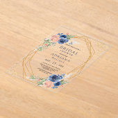 Marineblauwe Blush Roze Rozen Geometrische Bruids  Acryl Uitnodigingen (Laagn)