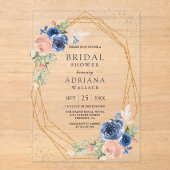 Marineblauwe Blush Roze Rozen Geometrische Bruids  Acryl Uitnodigingen (Voorkant)