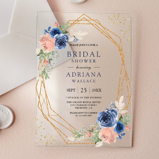 Marineblauwe Blush Roze Rozen Geometrische Bruids  Acryl Uitnodigingen