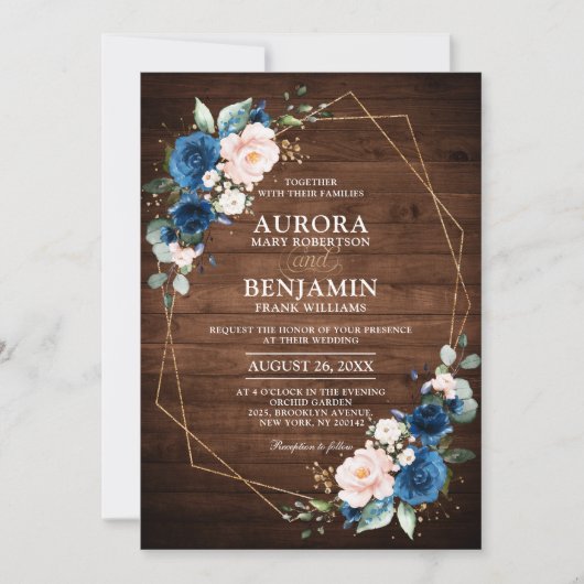 Marineblauwe Blush Rustieke Houten Gouden Geometri Kaart (Voorkant)