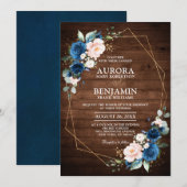 Marineblauwe Blush Rustieke Houten Gouden Geometri Kaart (Voorkant / Achterkant)