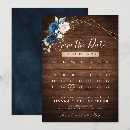 Marineblauwe Blush Rustieke Houten Gouden Geometri Save The Date (Voorkant / Achterkant)