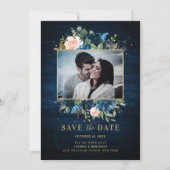 Marineblauwe Blush Rustieke Landelijke Botanische  Save The Date (Voorkant)