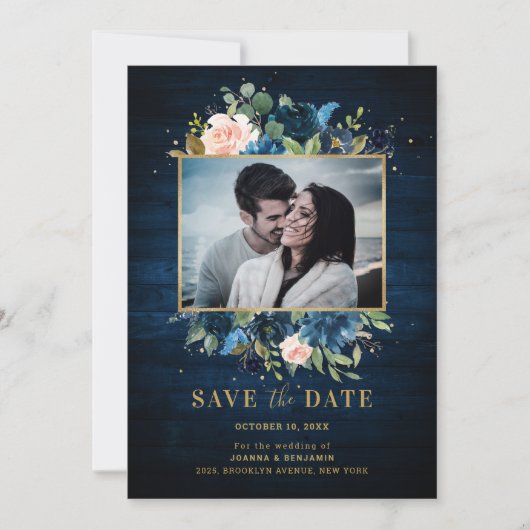 Marineblauwe Blush Rustieke Landelijke Botanische  Save The Date (Voorkant)