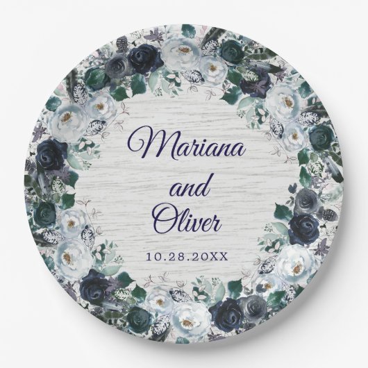 Marineblauwe Boho Bloemen Bruiloft Papieren Bordje (Voorkant)