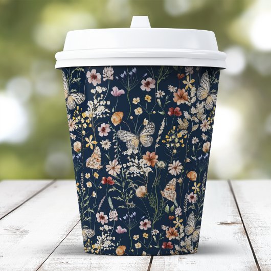 Marineblauwe Boho Bloemen Papieren beker