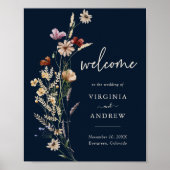 Marineblauwe Boho Bloemen Welkom Trouwposter Poster (Voorkant)