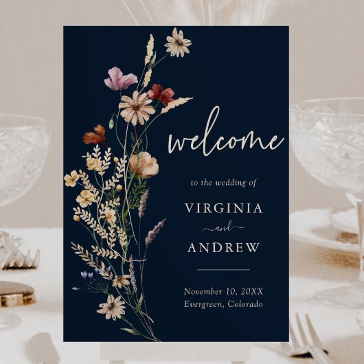 Marineblauwe Boho Bloemen Welkom Trouwposter Poster