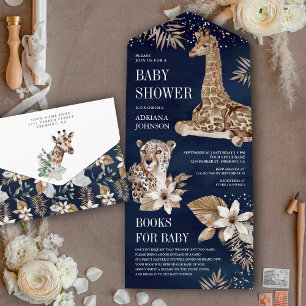 Marineblauwe Boho Safari Luipaard Giraffe Babyfees All In One Uitnodiging