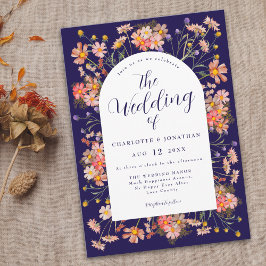 Marineblauwe Boho Wilde Bloemen Herfst Bruiloft Kaart