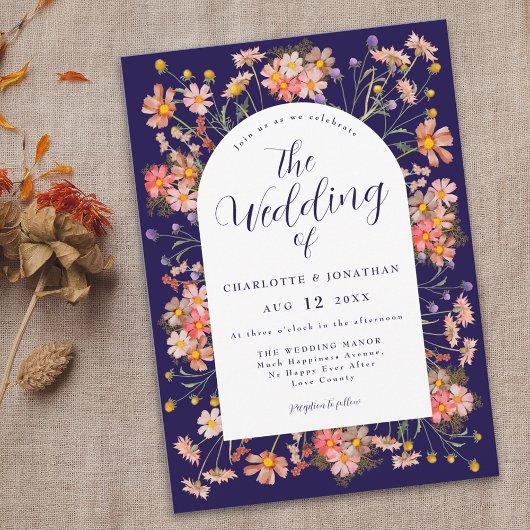 Marineblauwe Boho Wilde Bloemen Herfst Bruiloft Kaart