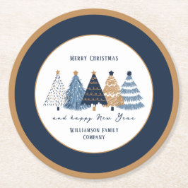 Marineblauwe bomen die moderne kerstvakantie ronde kartonnen onderzetter